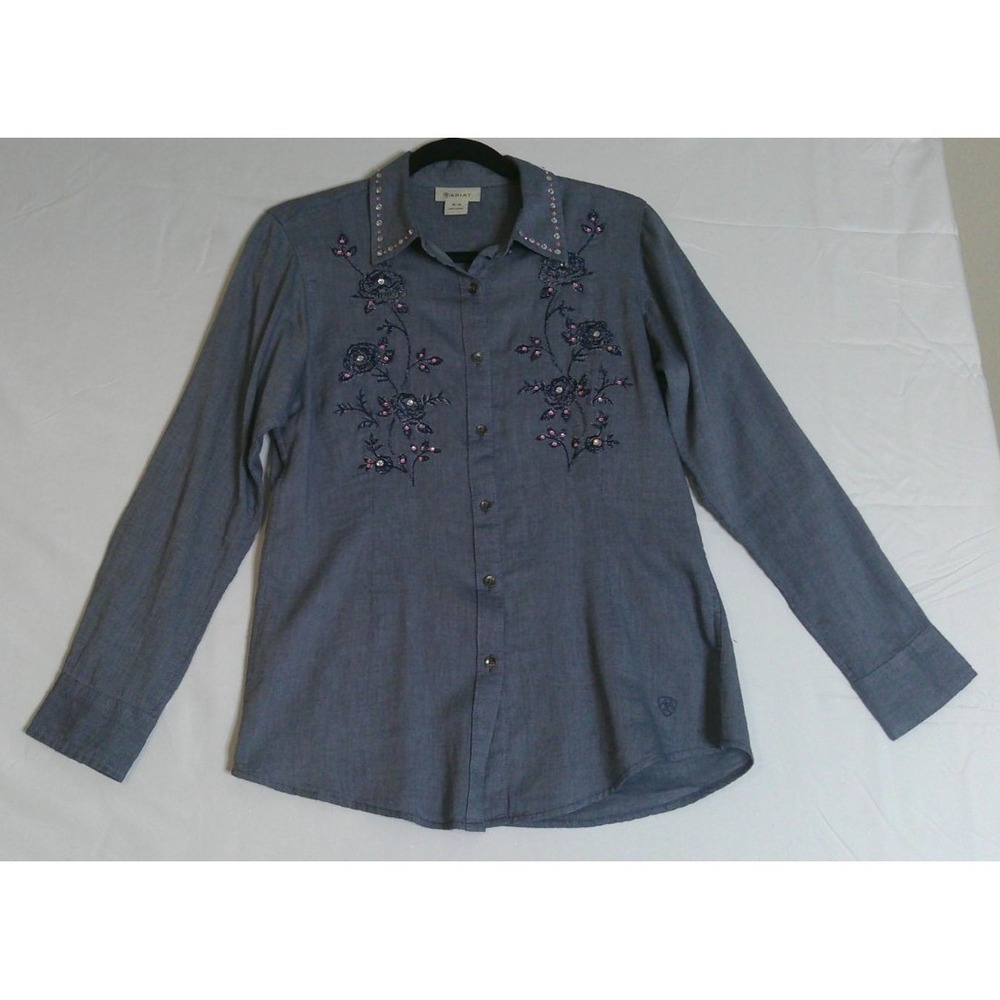 Ariat Womens M Button Down Shirt Blue Floral Embroidered Rhinestone Western Top